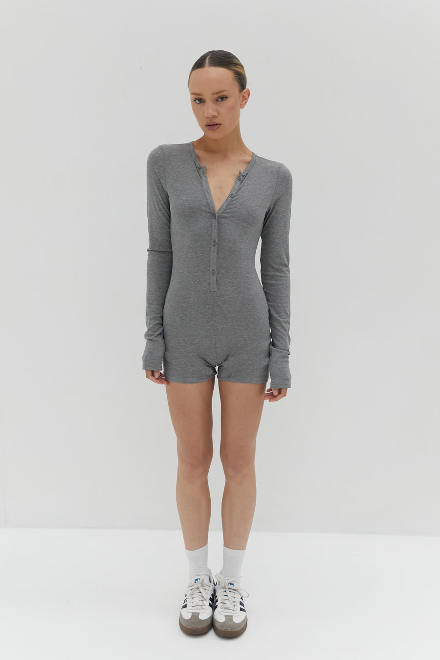 Button Ribbed Romper - Grey